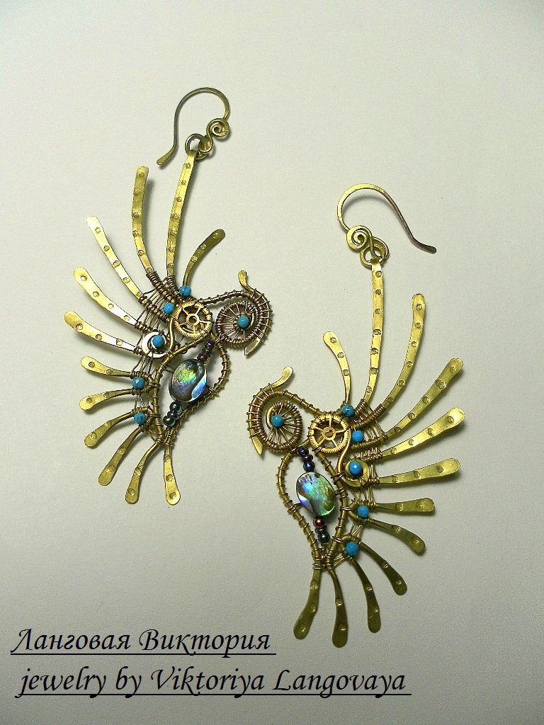 Серьги "Райские птицы", Wire wrap,латунь,бирюза,часовые механизмы,пауа